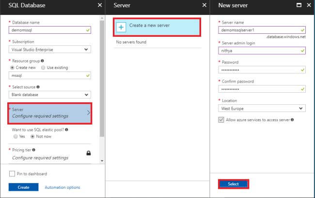 Creating A SQL Database And SQL Server On The Azure Portal