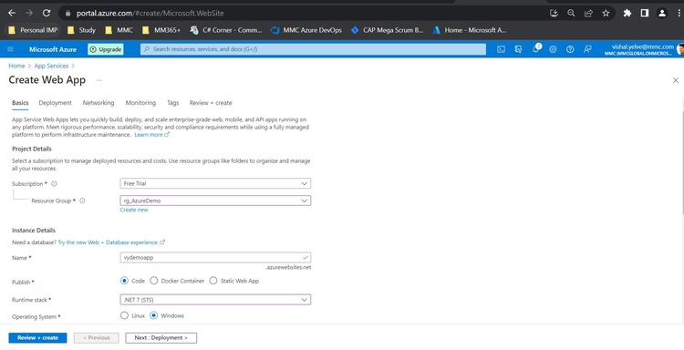 Creating An Azure Web App Using App Services
