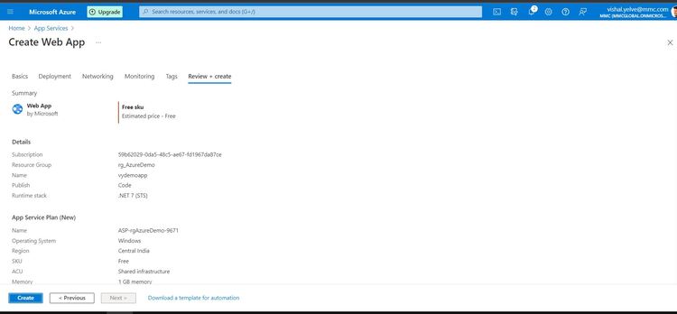 Creating An Azure Web App Using App Services