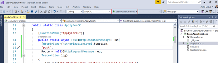 Creating Azure Functions In Visual Studio 2017 - HTTP Triggered Azure Functions