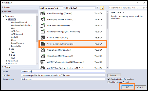 Creating Blob Storage Using Visual Studio