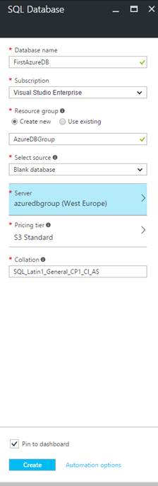 Creating New SQL Database And Table With Azure