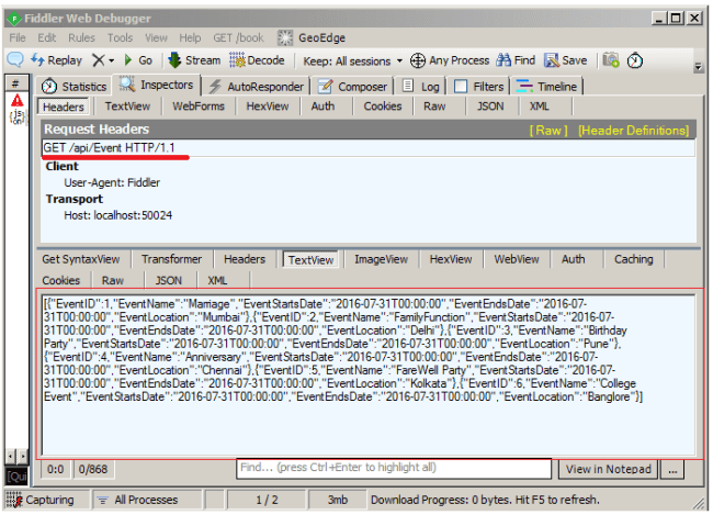  Testing Event Controller API in Fiddler 