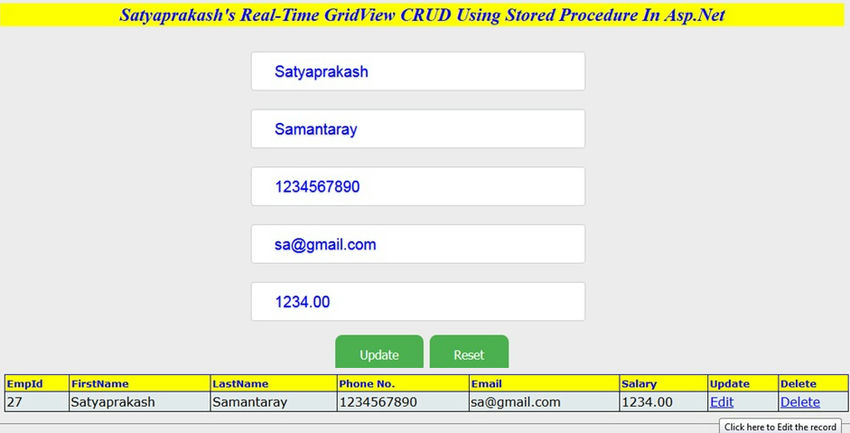 CRUD Operation Using Stored Procedure In ASP.NET GridView Real Time
