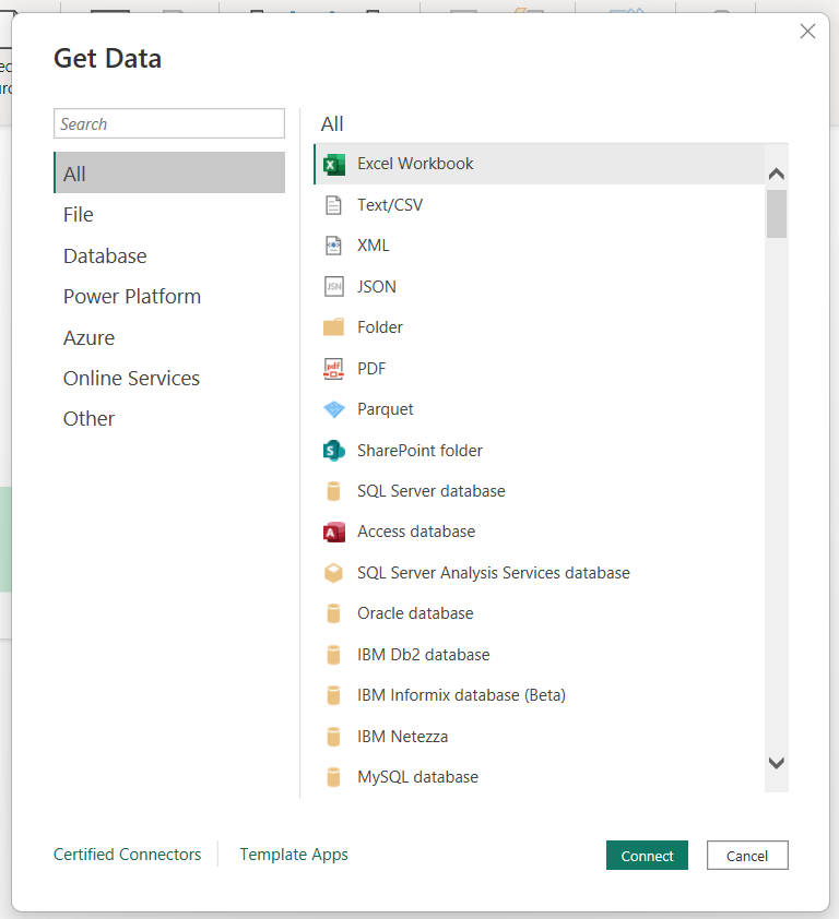 Data Source connectors available in Power BI/Connect Power BI with a Data Source