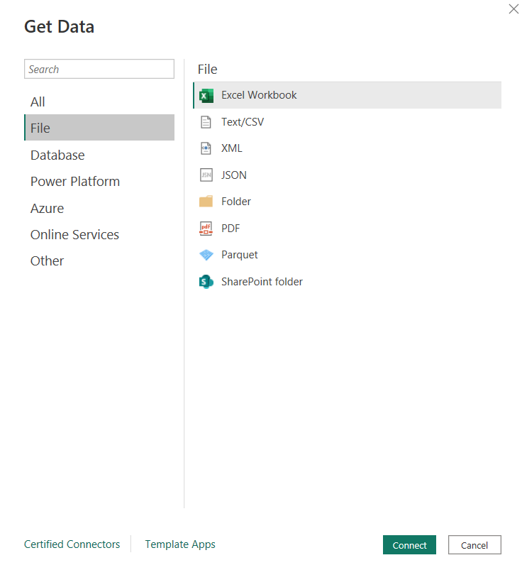 Data Source connectors available in Power BI/Connect Power BI with a Data Source