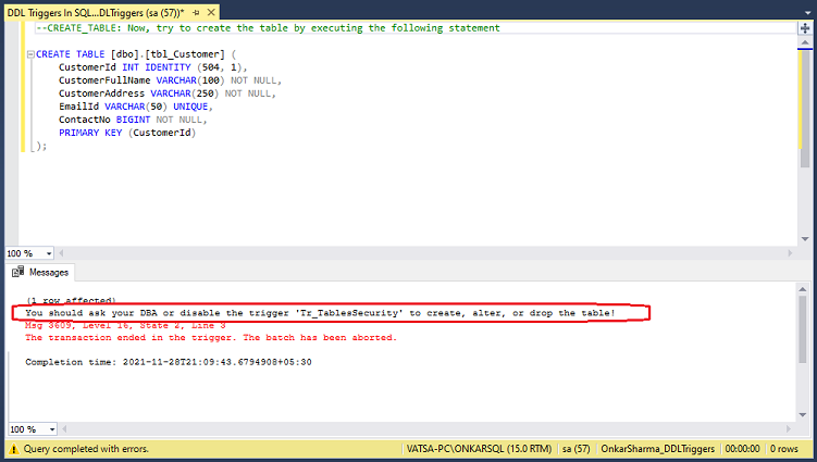 DDL Triggers In SQL Server
