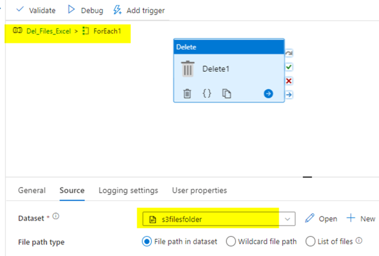 Delete files based on excel column name in Azure Data Factory