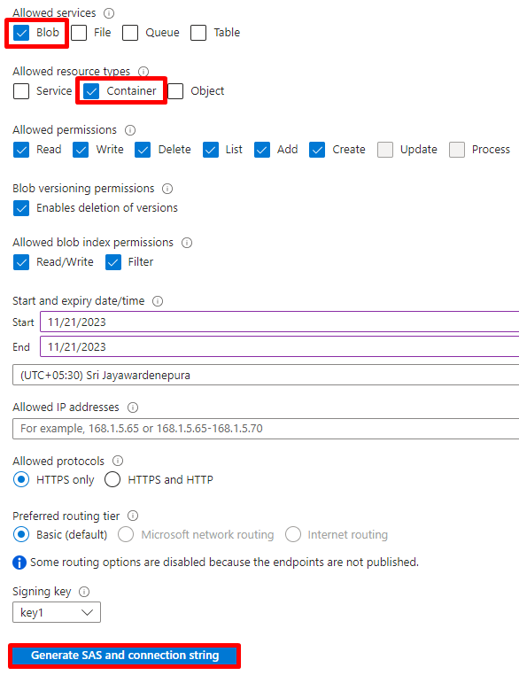 Generate SAS and connecting string