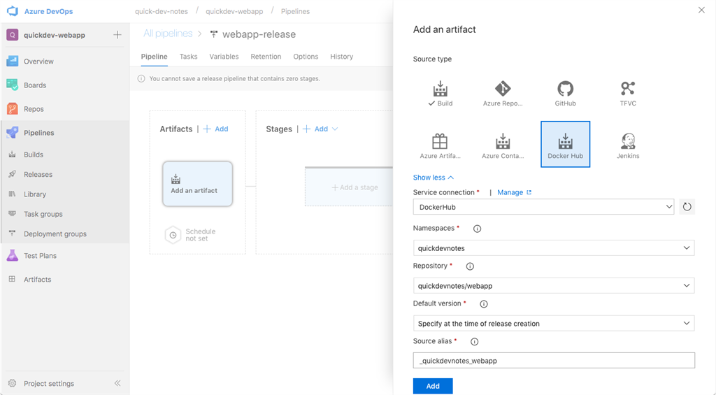 Adding an artifact for Release Pipeline