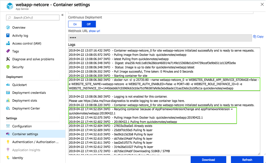 Logs of new deployment with Release Pipeline