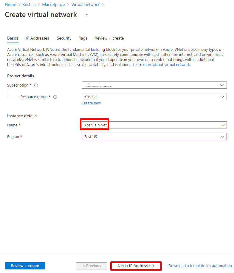 Deploying azure virtual network