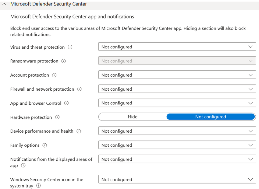 Device Endpoint Protection settings configuration in Microsoft Intune