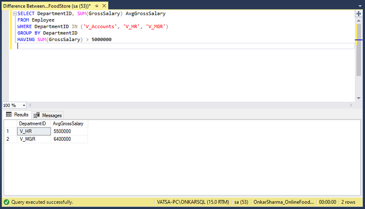 Difference Between HAVING And WHERE Clause In SQL Server