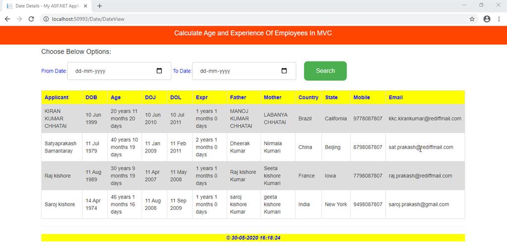 CalculateAge And Experience Using Table Data And Stored Procedure In MVC