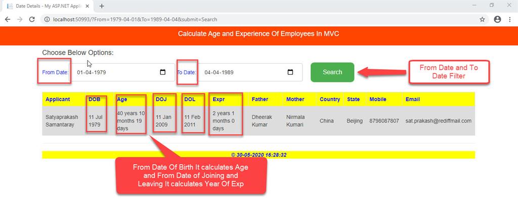 CalculateAge And Experience Using Table Data And Stored Procedure In MVC