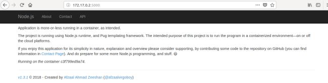 Home page of the container app running in Firefox