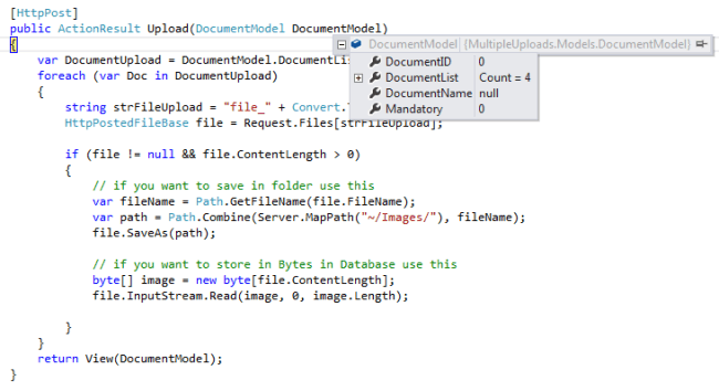 Posted data from View to Upload Action method
