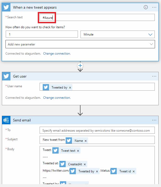 Email yourself new tweet with specific keyword Using Azure Logic App