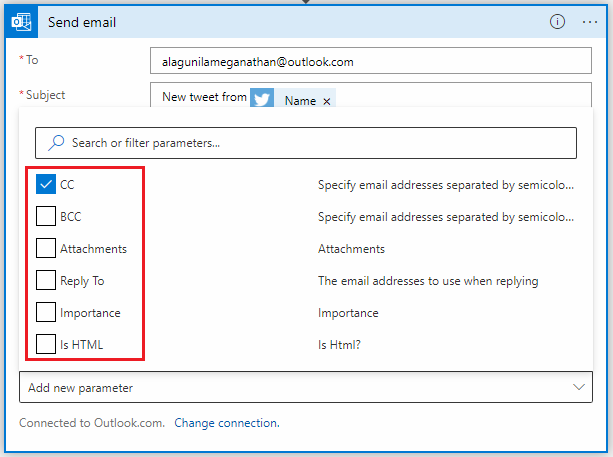 Email yourself new tweet with specific keyword Using Azure Logic App