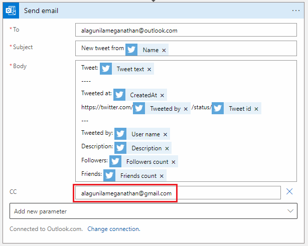 Email yourself new tweet with specific keyword Using Azure Logic App