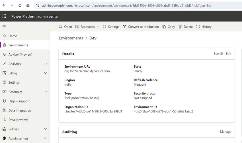 Power platform admin center Environments