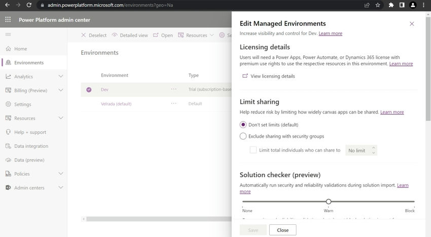 Edit Managed Environments Popup
