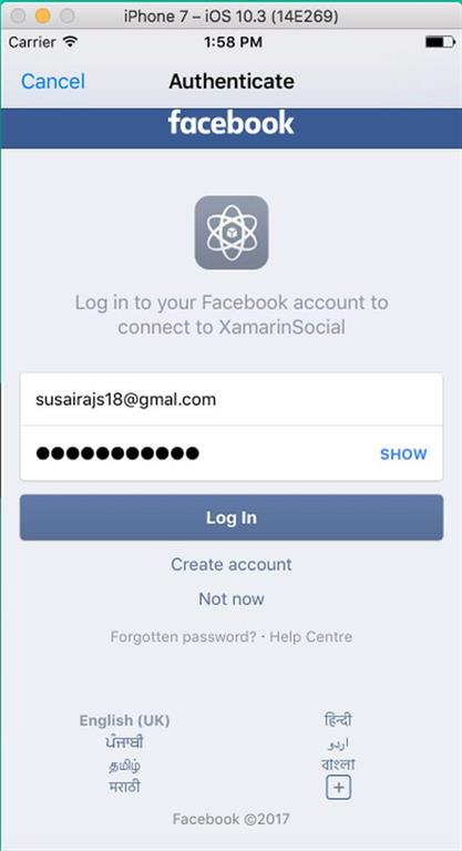 Facebook Login Using Xamarin.Auth In Xamarin iOS