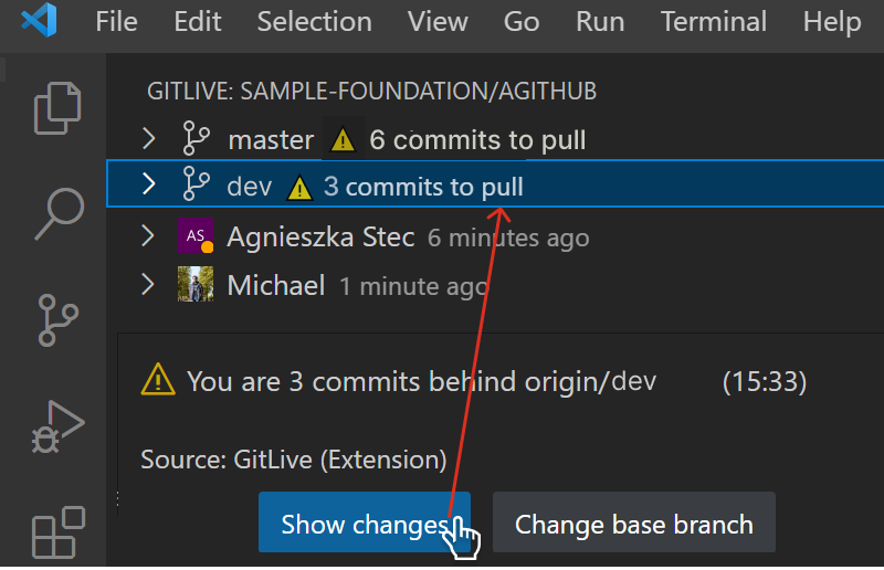 Get notified when there are commits to pull in VS Code