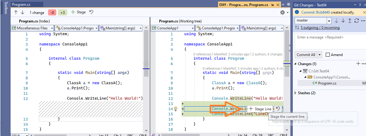 Git - Visual Studio 2022, v17.3.0, Line Staging