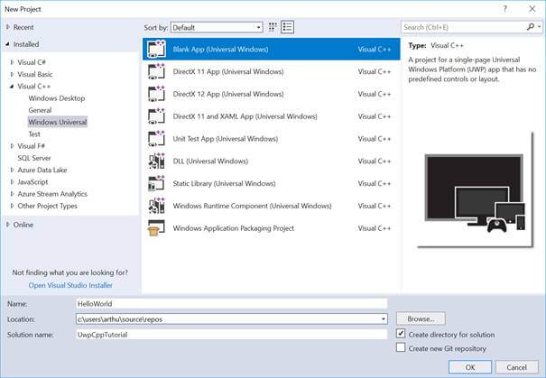 Hello World with Universal Windows Platform in C++ 