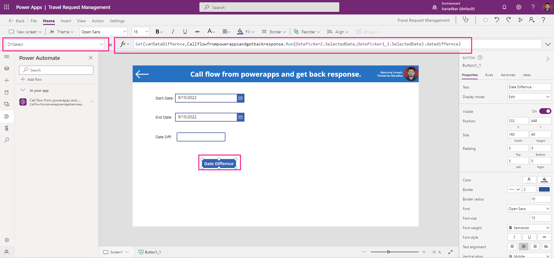 How to call a flow from powerapps and get back the response