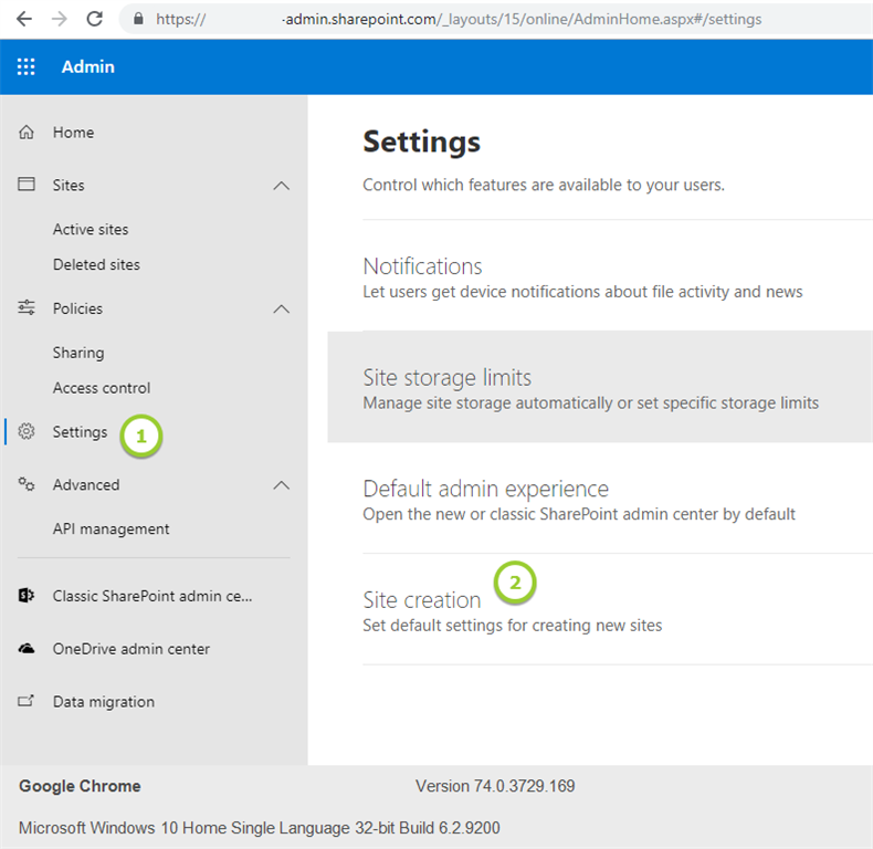 Default Settings Available For Online From SharePoint Online Admin Center