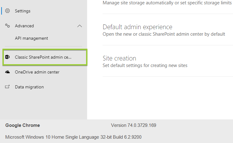 Default Settings Available For Online From SharePoint Online Admin Center