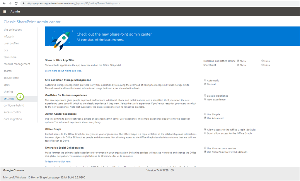Default Settings Available For Online From SharePoint Online Admin Center