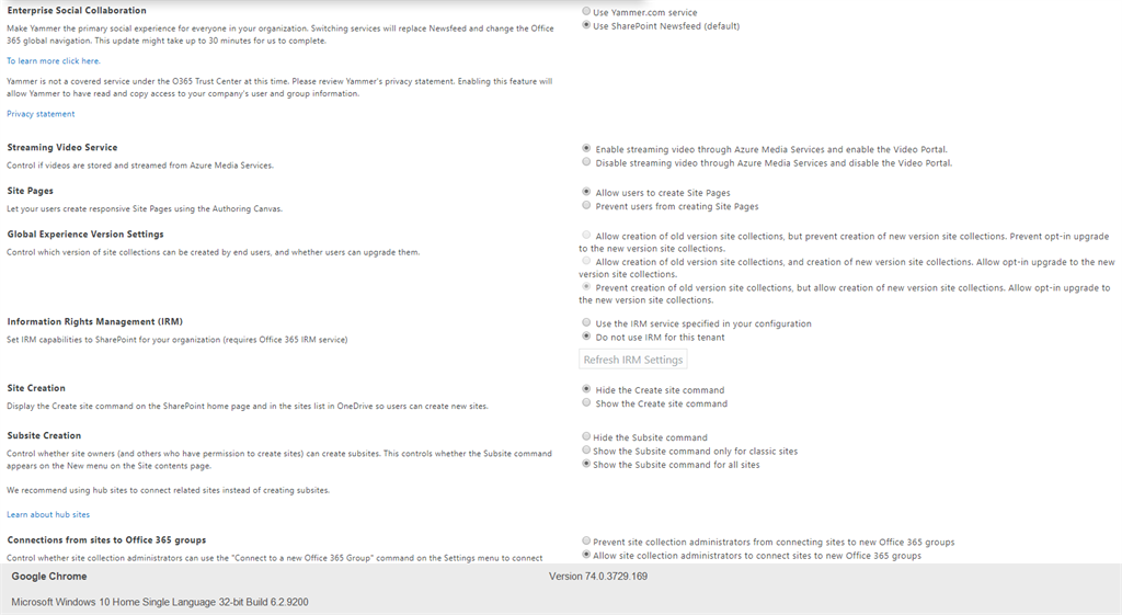 Default Settings Available For Online From SharePoint Online Admin Center