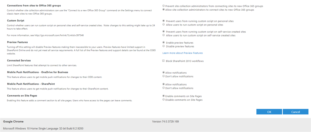 Default Settings Available For Online From SharePoint Online Admin Center