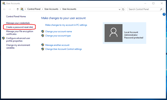 Click on the "Create a password reset disk"