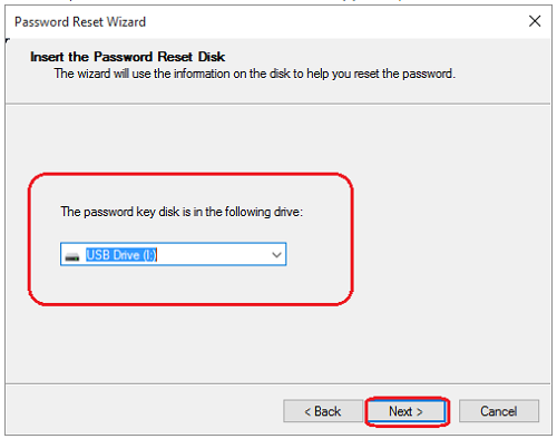 from the drop-down menu choose your password reset disk