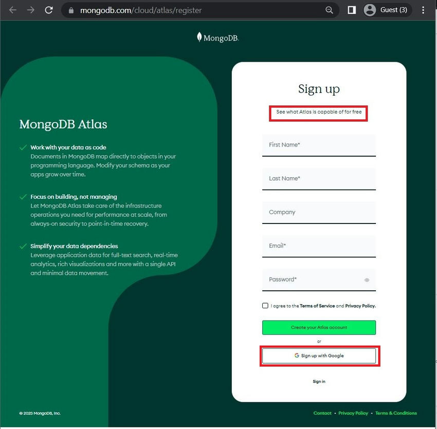 Mongodb filling in details or Sign Up using Google.