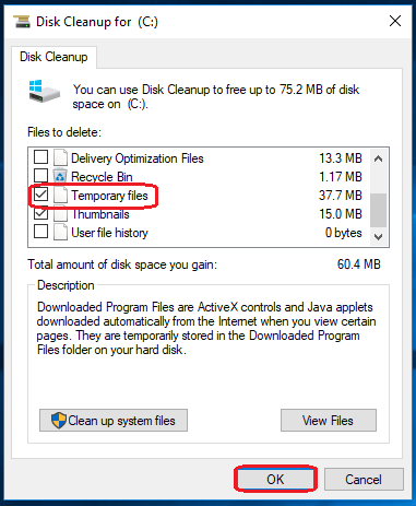 select temporary files option