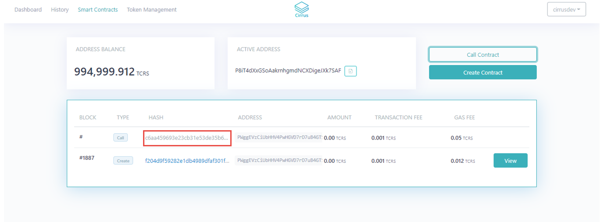 Calling Contract from Cirrus Core Private Net Wallet