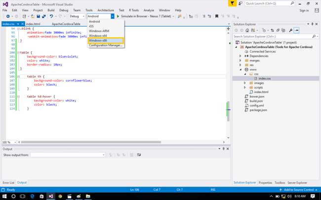 How To Design Table In Apache Cordova App Using Visual Studio