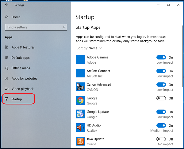 click on startup option