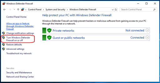 Click on "Turn Windows Defender Firewall on or off".