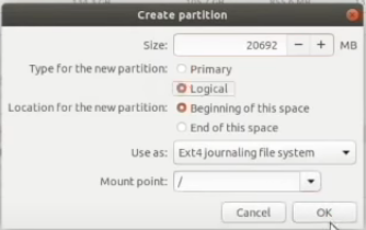 choose your memory for '/root' partition