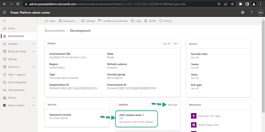 Enable 2023 Release Wave 1 updates in the Dataverse Environment?