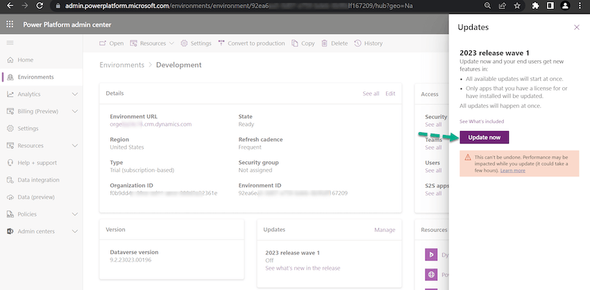 Enable 2023 Release Wave 1 updates in the Dataverse Environment?
