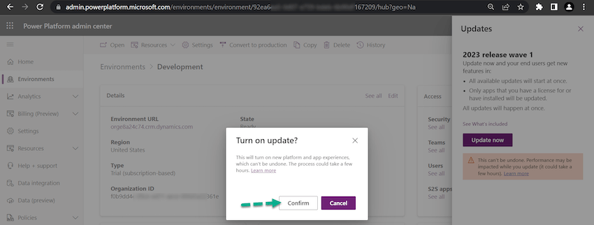 Enable 2023 Release Wave 1 updates in the Dataverse Environment?