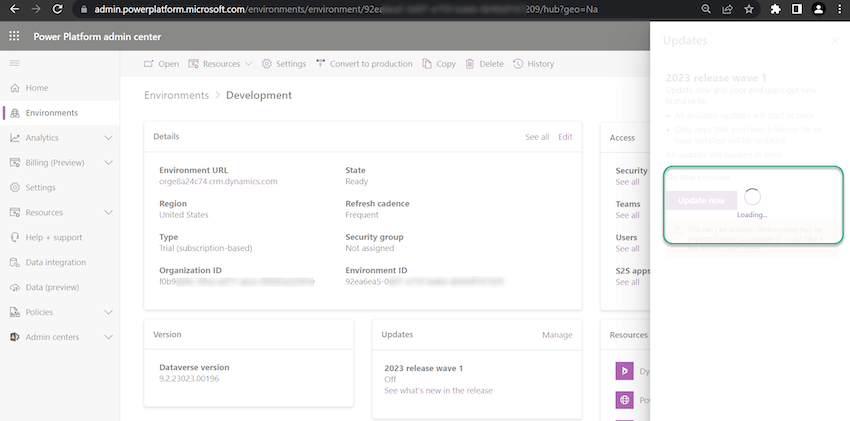 Enable 2023 Release Wave 1 updates in the Dataverse Environment?